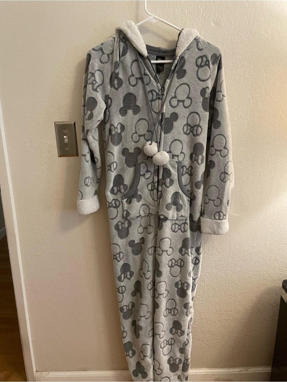 Disney Grey Fleece Hooded One-Piece Pajama with Pom Pom Tie